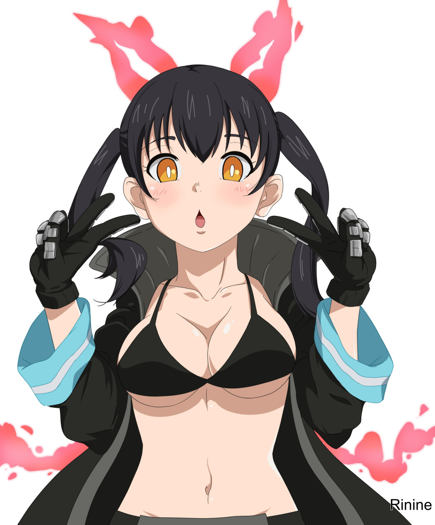 1girls 2d 2d_(artwork) 2d_artwork :o alternate_version_at_source alternate_version_available bare_belly bare_chest bare_midriff bare_navel bare_skin belly belly_button black-haired_female black_coat black_gloves black_hair black_jacket blush blush_face blushing_at_viewer blushing_female blushing_lines breasts cleavage coat collarbone curvaceous curvaceous_body curvaceous_female curvaceous_figure curvaceous_hips curvaceous_teen curvy curvy_body curvy_female curvy_figure curvy_hips curvy_teen digital digital_art digital_drawing digital_drawing_(artwork) digital_media digital_media_(artwork) enen_no_shouboutai exposed_belly exposed_chest exposed_midriff exposed_navel exposed_skin female female_focus female_only fingers fire fire_ears fire_force fire_tail firefighter firefighter_coat firefighter_helmet firefighter_jacket firefighter_uniform flames gloves hair_between_eyes high_resolution highres hourglass_figure jacket kotatsu_tamaki large_breasts lean_figure long_hair looking_at_viewer midriff more_at_source narrow_waist navel open_coat open_jacket open_mouth orange-eyed_female orange_eyes parted_lips peace_sign rinine shoulders sign simple_background slender_body slender_waist slim_waist solo standing tongue twintails twintails_(hairstyle) upper_body v v_sign white_background white_pupils wide_hips