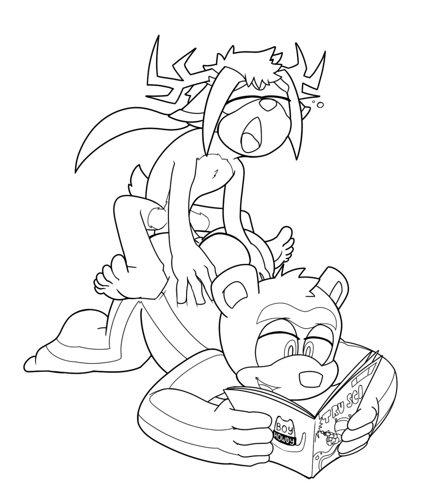 anal anal_sex anthro antlers bodily_fluids boyhowdy cervid distracted distracted_sex duo fan_character from_behind_position hi_res horn male male/male mammal moan moaning_in_pleasure monochrome multitasking penetration perching_position reading sega sex size_difference small_dom_big_sub sonic_(series) sonic_the_hedgehog_(series) sweat ursid