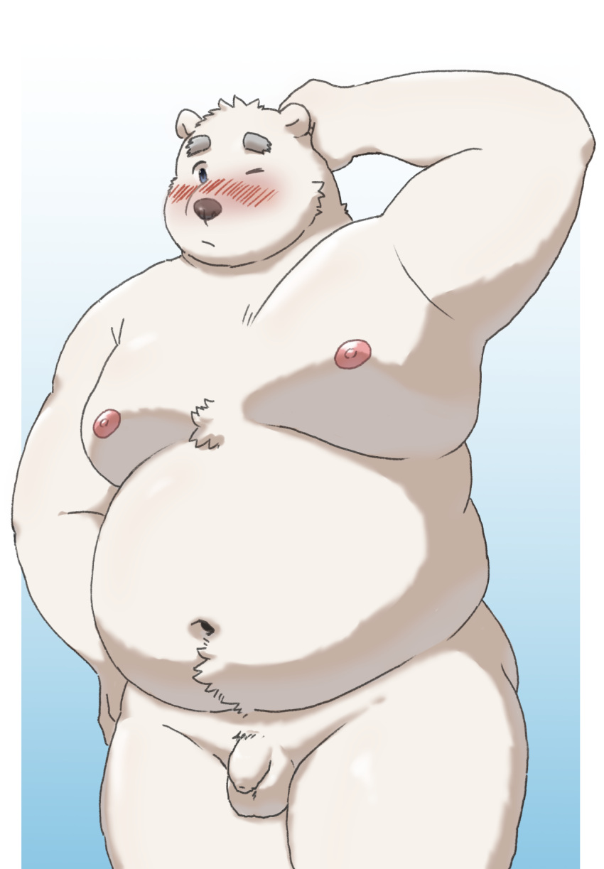 2021 anthro belly blush flaccid fur furry genitals highres humanoid_genitalia humanoid_penis kemono male mammal maron2475 moobs navel nipples overweight overweight_male penis polar_bear shirane_kan simple_background solo testicles ursid ursine utau white_fur