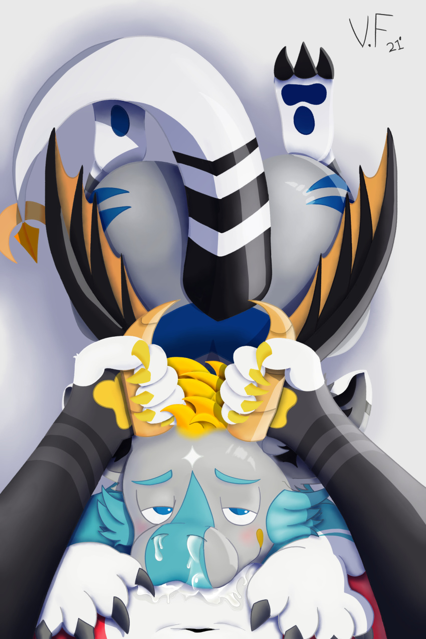 2:3 absurd_res anthro ass bedroom_eyes big_butt black_claws black_hair black_stripes black_wings blonde_hair blue_body blue_eyebrows blue_eyes blue_fur blue_pawpads blue_stripes blush bodily_fluids bodily_fluids_drip bodily_fluids_from_mouth bodily_fluids_from_nose bodily_fluids_in_mouth cheek_tuft claws clenched_teeth closed_eyes collar cum cum_from_mouth cum_from_nose cum_in_mouth cum_in_nose cum_inside cum_leaking cum_on_face cum_on_self dragon duo elbow_tufts eyebrows facial_tuft fellatio first_person_view forced forced_oral fur furred_dragon genital_fluids grasp grey_arms grey_background grey_body grey_fur hair hi_res highlights_(coloring) hindpaw holding_horn horn humanoid hybrid leaning leaning_forward looking_at_viewer looking_pleasured looking_up male male/male narrowed_eyes oozing_cum open_mouth oral oral_penetration orgasm pawpads paws paws_on_hips penetration penile red_body red_fur seductive sex shaded shadow simple_background small_waist soft_shading spiked_tail spikes spikes_(anatomy) stripes sucking tan_horn tan_horns teeth tuft vance_(vancefluff) vancefluff white_paws_(anatomy) white_stripes white_tail wings yellow_body yellow_claws yellow_fur