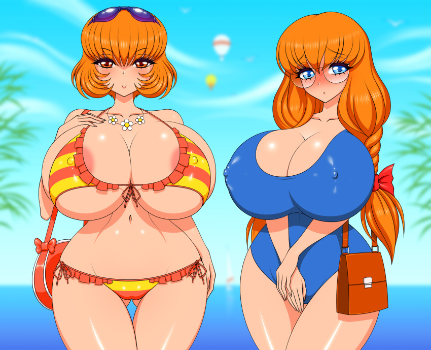 2girls akiranime areolae bangs bare_shoulders belly_button bikini blue_eyes blush breasts bursting_breasts cameltoe cleavage cleft_of_venus collarbone cowboy_shot curvy_body curvy_female eyewear eyewear_on_head facing_viewer female female_focus high_resolution highres hourglass_figure huge_areolae huge_breasts huge_nipples looking_at_viewer matching_hair/eyes mika_(akiranime) navel nipples open_bikini open_clothes orange_eyes orange_hair original original_character purple_eyewear purple_sunglasses red_swimsuit smile standing sunglasses sunglasses_on_head swimsuit thick_thighs thigh_gap thighs wide_hips yano_(akiranime)