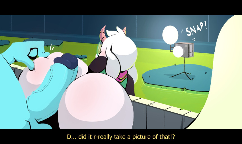 anthro ass balls bent_over big_butt big_penis blue_penis bovid butt_pinch camera camera_flash caprine clothed clothing deltarune deltarune_boat_scene duo english_text eyewear faceless_character faceless_male fur genitals glasses goat hi_res horn hot_dogging huge_butt human human_on_anthro human_on_male humanoid_genitalia humanoid_penis interspecies komdog komponi kris_(deltarune) male male/male male_on_anthro mammal penis penis_on_butt pinch ralsei rear_view swan_boat text undertale_(series) vein veiny_penis video_games white_body white_fur