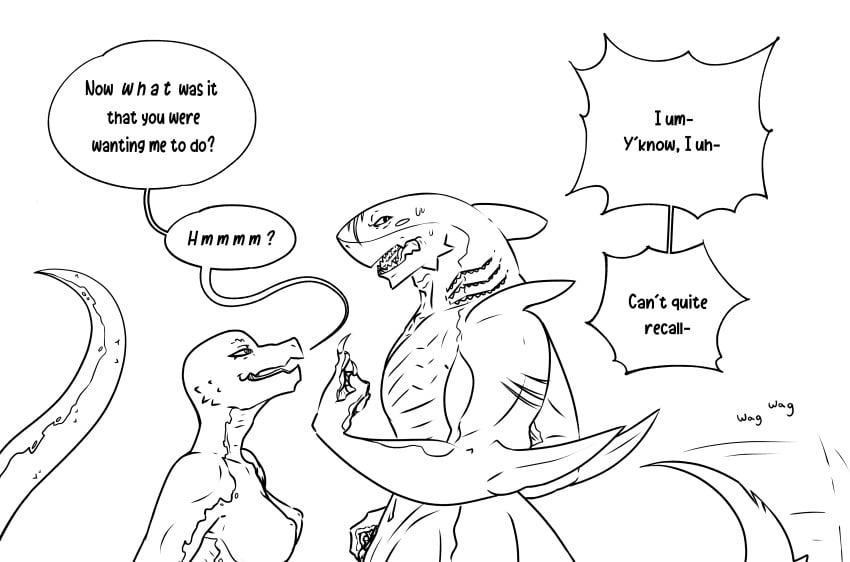 absurd_res anthro breasts cher cher_(indecentwanton) dragon dragonborn duo english_text female fin fish gills hi_res humanoid indecentwanton lizard lizard_tail male male/female marine monochrome muscular muscular_male nipples reptile scalie scar shark shark_tail sharp_teeth teeth text thrash thrash_(indecentwanton)