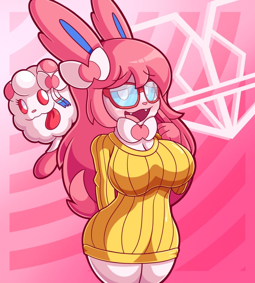 2021 absurd_res anthro big_breasts blue_eyes blush breasts clothed clothing digital_media_(artwork) duo eeveelution embarrassed eyewear female finger_on_chin fur glasses hair heart hi_res icon javisylveon_(mintyspirit) mammal mintyspirit nintendo pink_hair pink_nose pokémon_(species) pokemon red_eyewear red_glasses slightly_chubby solo sweater swirlix sylveon thick_thighs topwear video_games white_body white_fur wide_hips yellow_clothing yellow_sweater yellow_topwear