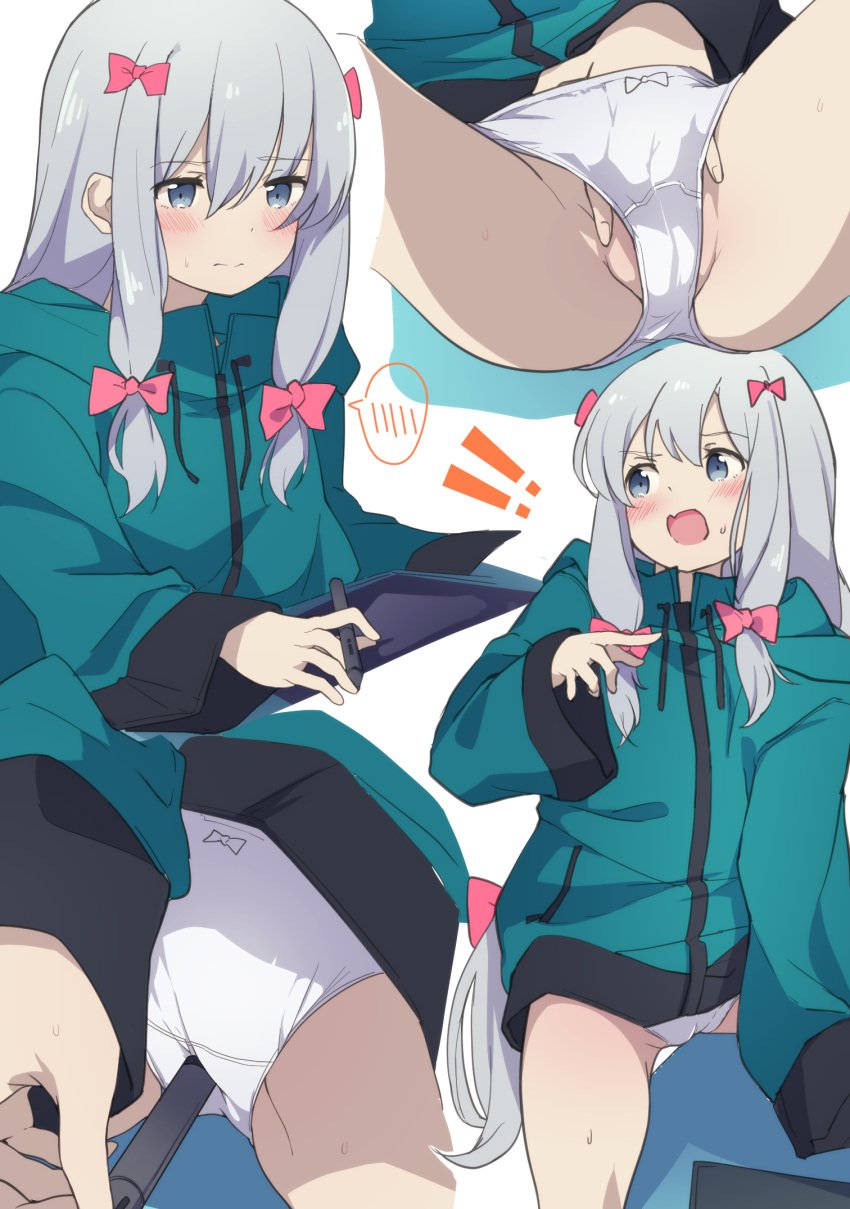 blue_eyes blush bottomless bow drawing_tablet embarrassed eromanga_sensei female green_jacket grey_hair hairbow highres holding holding_pen izumi_sagiri jacket legs_apart long_hair low-tied_long_hair masturbation masturbation_through_clothing multiple_views open_mouth panties pen pink_bow sidelocks simple_background sitting sleeves_past_wrists spread_legs suwakana table table_humping underwear white_background white_panties wide_sleeves wide_spread_legs