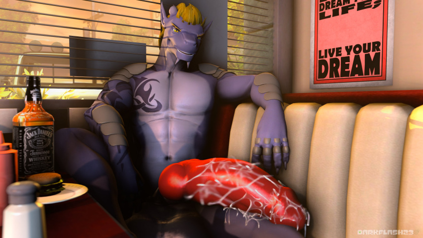 16:9 2021 3d_(artwork) abs alcohol anthro arm_tattoo artist_name bedroom_eyes beverage big_penis blonde_hair bodily_fluids burger cum cum_on_penis darkflash23 detailed_background digital_media_(artwork) diner dragon english_text fingers food genital_fluids genitals grey_body grey_scales hair hi_res horn huge_cock inside jack_daniel's jaren_(foxyrexy) knot looking_at_viewer male multicolored_body multicolored_scales muscular muscular_anthro muscular_male narrowed_eyes navel nude pecs penis salt scales scalie seductive sitting smile solo source_filmmaker tattoo teeth text western_dragon widescreen yellow_eyes