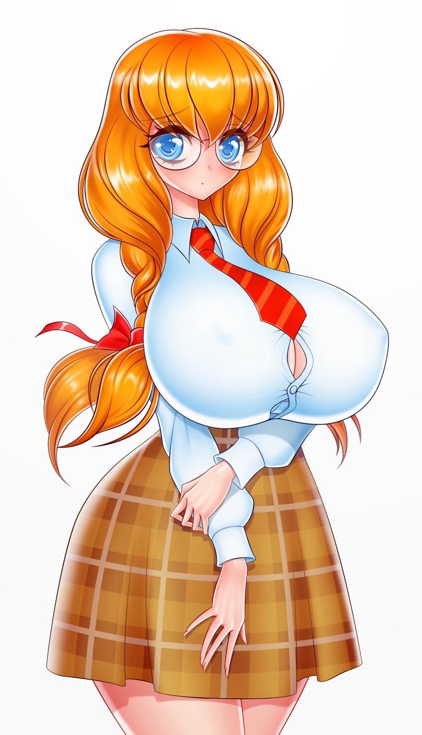 absurdres akiranime blonde_hair blue_eyes bow braid braiding_hair breasts bursting_breasts cleavage curvaceous curvy_body curvy_female dot_mouth dot_nose facing_viewer female female female_focus fingernails hairbow hairdressing highres hip_focus huge_breasts long_hair long_sleeves looking_at_viewer original ribbon smile solo very_long_hair voluptuous white_background yano_(akiranime)