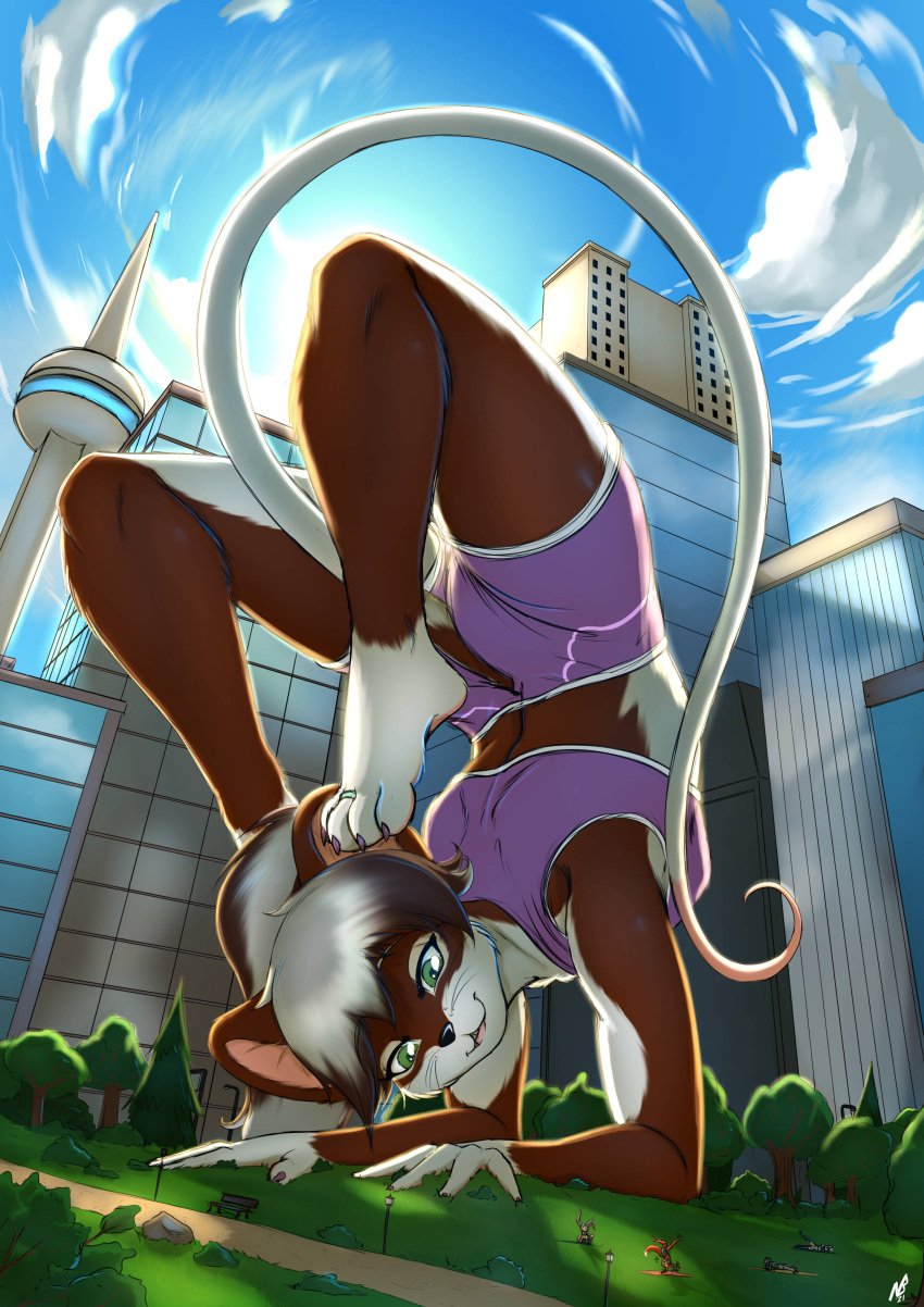 anthro female fully_clothed gentle_giant macro micro mouse notbad621 toe_ring yoga_pants yoga_pose yoga_top