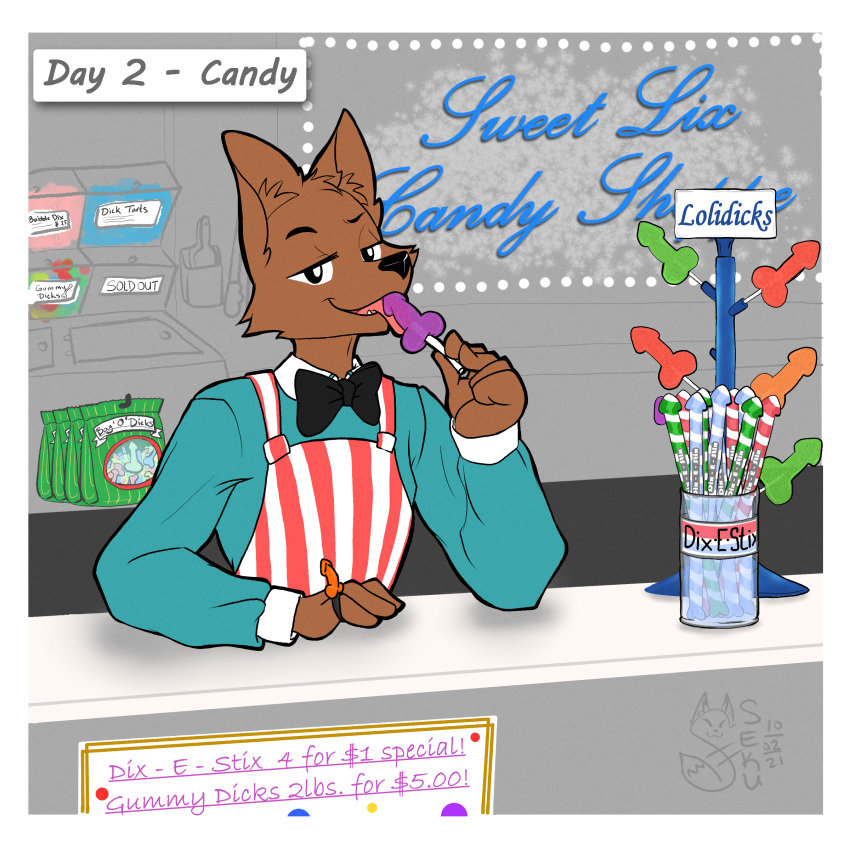 1:1 absurd_res anthro bedroom_eyes candy canid canine dessert english_text food hi_res licking lollipop male mammal narrowed_eyes penis_lollipop seductive sekuhara solo text tongue tongue_out