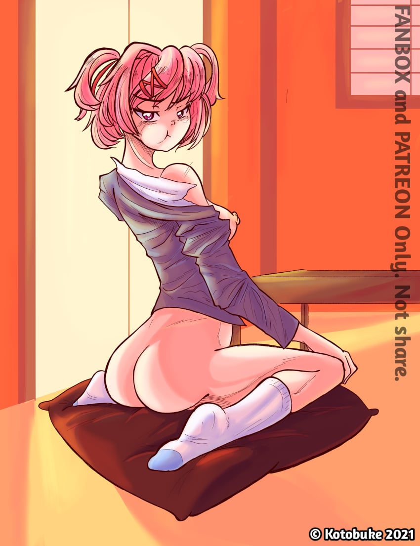 1girls ass doki_doki_literature_club female female_only kemono natsuki_(doki_doki_literature_club) pillow pink_eyes pink_hair pout pouting_at_viewer solo