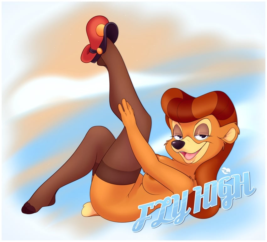 2021 anthro bedroom_eyes breasts brown_body brown_fur brown_hair clothing disney english_text female fur hair half-closed_eyes hi_res legwear legwear_only looking_at_viewer lying mammal minxydoodle mostly_nude narrowed_eyes nipples on_back one_leg_up open_mouth open_smile pinup pose raised_leg rebecca_cunningham seductive smile solo stockings talespin text ursid