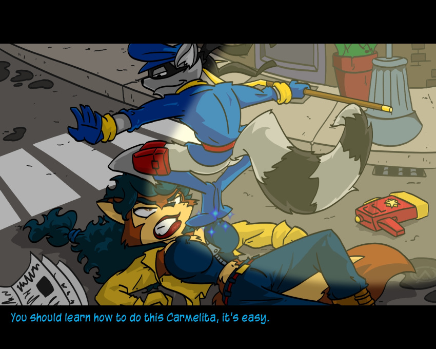 2009 anthro blue_hair canine carmelita_fox catsprin female fox fully_clothed fully_clothed_female fully_clothed_male fur furry gray_fur gun male mammal operative_274 orange_fur shock_pistol sly_cooper sly_cooper_(series) smooth_fur straight tagme