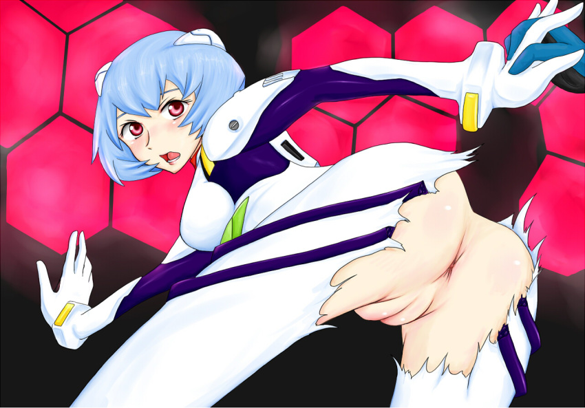 accidental_exposure assisted_exposure blue_hair blush clothing hydrangia medium_breasts neon_genesis_evangelion red_eyes rei_ayanami shinji_ikari torn_clothes