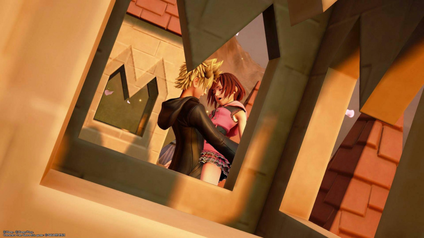 1boy 3d ambiguous_penetration black_coat blonde_hair closed_eyes clothed_sex disney female human kairi kingdom_hearts male moaning outerwear pale_skin red_hair roxas sex short_hair square_enix straight thighs