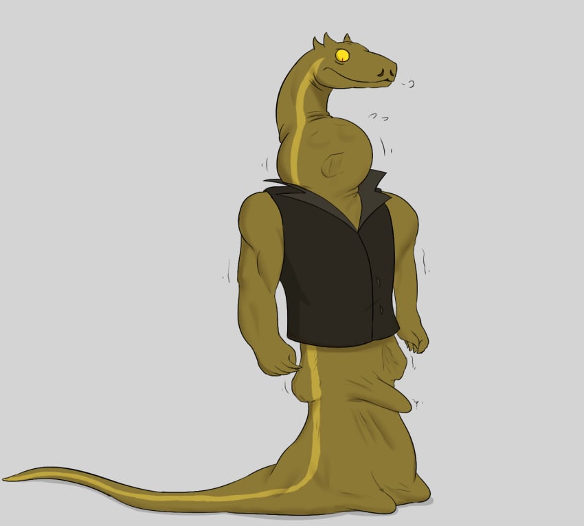 2023 anthro anthro_pred apode body_outline da~blueguy draconcopode duo erection funny green_body green_scales humanoid imprint legless little_demon_(series) male male_pred male_prey muscular naga neck_bulge reptile scales scalie serpentine simple_background snake snake_with_arms_(little_demon) soft_vore standing stomach_bulge vore