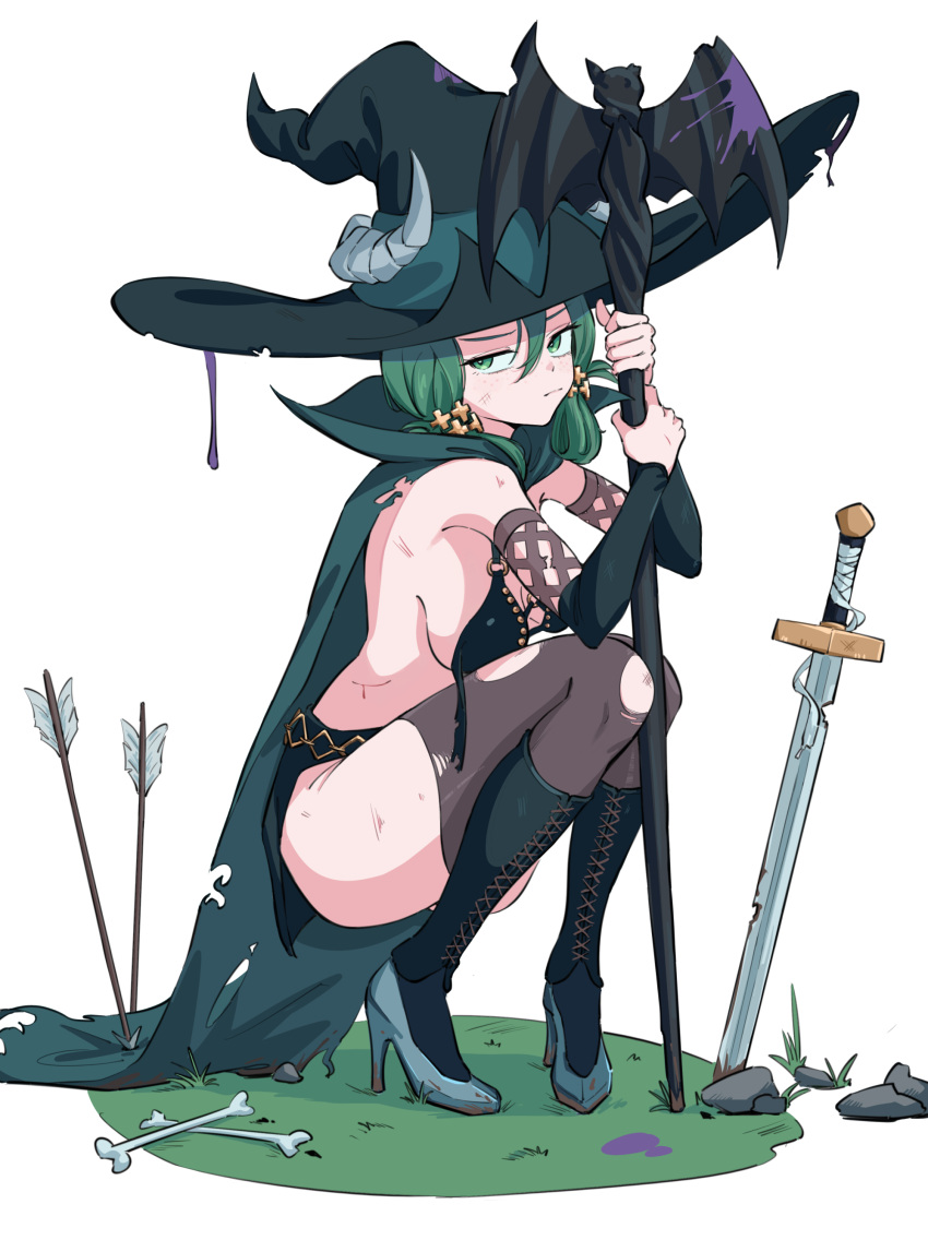 1girls absurdres arrow_(projectile) battle_damage bikini bikini_top_only black_bikini bone breasts chipped_sword cloak fake_horns freckles green_cloak green_eyes green_hair hat highres holding holding_staff horned_headwear horns long_hair looking_at_viewer medium_breasts o-ring_strap sideboob simple_background solo staff swimsuit sword thighhighs tinkie torn_bikini torn_clothes torn_thighhighs unicorn_overlord weapon witch witch_hat yahna_(unicorn_overlord)