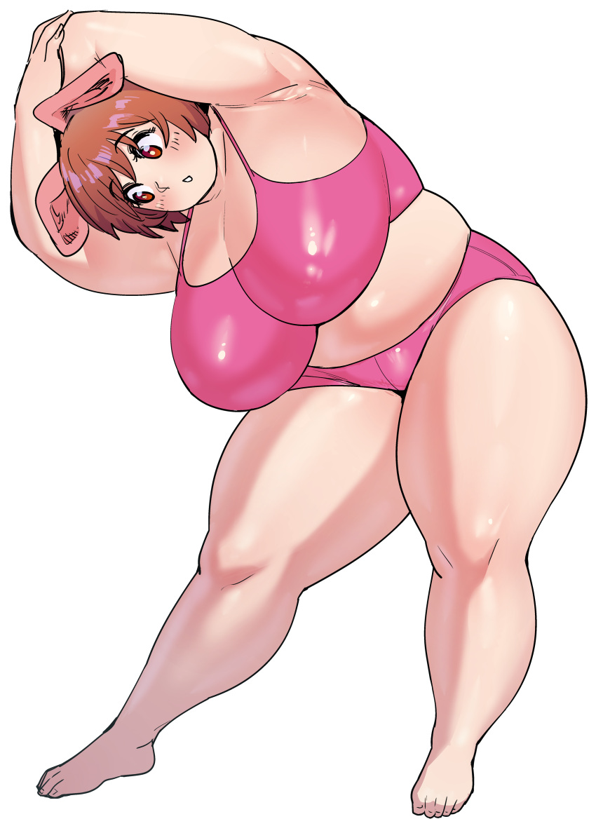 1girls animal_ears ass big_breasts breasts brown_hair chubby chubby_female curvy elf-san_wa_yaserarenai female female_only huge_ass huge_breasts humanoid light-skinned_female light_skin looking_down oku pale-skinned_female pale_skin pig_ears pig_girl plump short_hair smile solo sports_bra sportswear stretching swimsuit synecdoche thick_thighs voluptuous white_background wide_hips