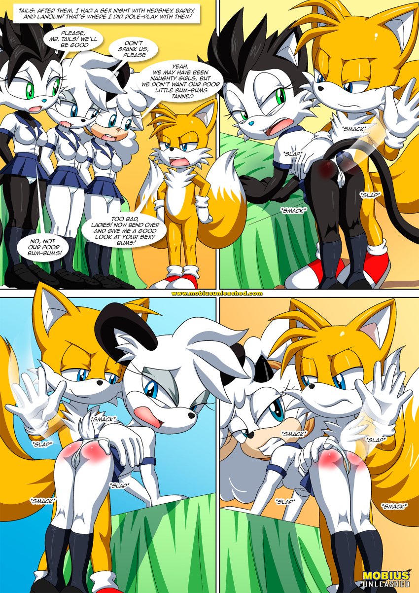 1boy 3girls anthro ass barby_koala bbmbbf comic dialogue female foursome hershey_the_cat lanolin_the_sheep male male/female mobius_unleashed palcomix pussy sega sonic's_guide_to_spanking_2_(comic) sonic_(series) sonic_the_hedgehog_(series) spanking speech_bubble tails tails_the_fox