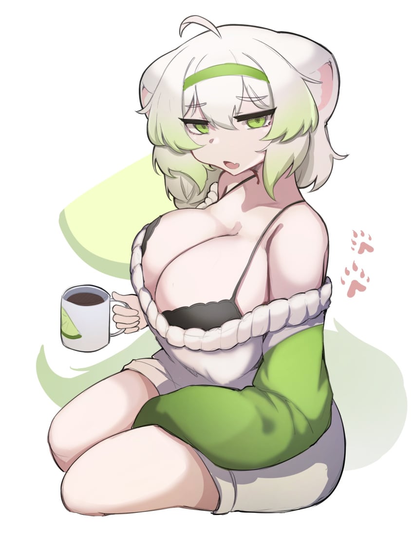 1girls absurd_res ahoge animal_ears big_breasts bra braided_hair breasts cleavage clothed_female clothing cute exposed_shoulders female ferret ferret_girl green_eyes green_hairband green_highlights hair_between_eyes hairband holding_cup holding_object hot_chocolate huge_breasts indie_virtual_youtuber laimu lime long_sleeves looking_at_viewer multicolored_hair off_shoulder open_mouth paw_print sae_art short_hair sitting sleeves solo sweater thick_thighs thighs two_tone_hair virtual_youtuber vtuber white_hair