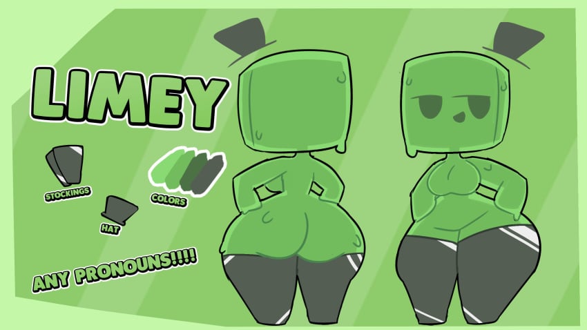 ass color colored english english_text green_background green_body green_theme hat limey_(zezodraws) minecraft no_nipples no_pussy reference_sheet slime slime_(minecraft) slime_girl stockings tagme text thick_thighs top_hat tophat zezodraws