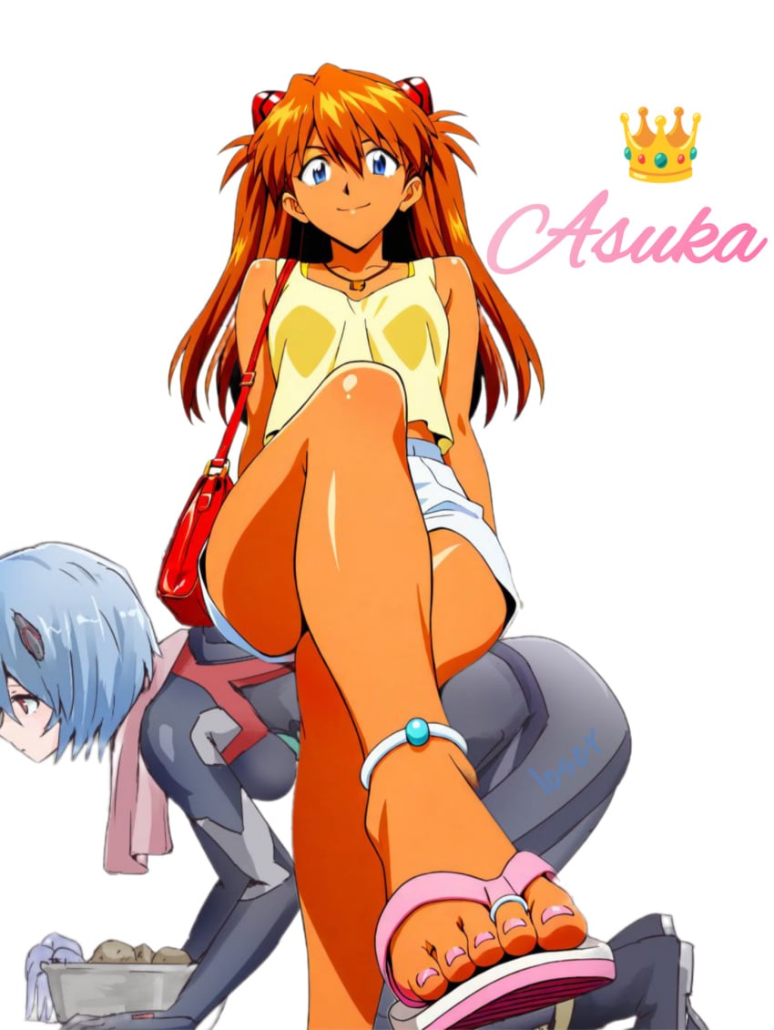 2girls all_fours anklet asuka_langley_sohryu blue_eyes character_name crossed_legs domination feet femdom flip_flops handbag happy happy_dom hips human_chair human_furniture human_seat humiliation legs legs_crossed lezdom long_hair looking_at_viewer loser necklace neon_genesis_evangelion orange_hair pink_toenails rei_ayanami sad_sub short_skirt simple_background sitting_on_person slave slavegirl smile smiling_at_viewer tan_body tan_skin tanned_girl teenage_girl toe_ring toenail_polish toes winner yellow_tank_top