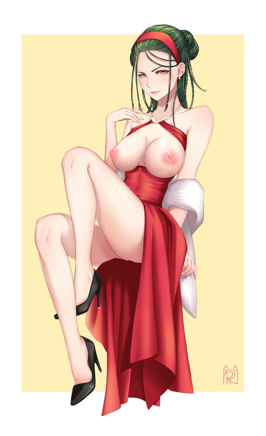 breasts cleavage dress feet female foot_dangle green_hair hairlocs headband headdress high_heels highres hitomi_ishigami jewelry large_breasts looking_at_viewer mature_female nipples red_dress rinko_riban rosario+vampire sitting smile yellow_eyes