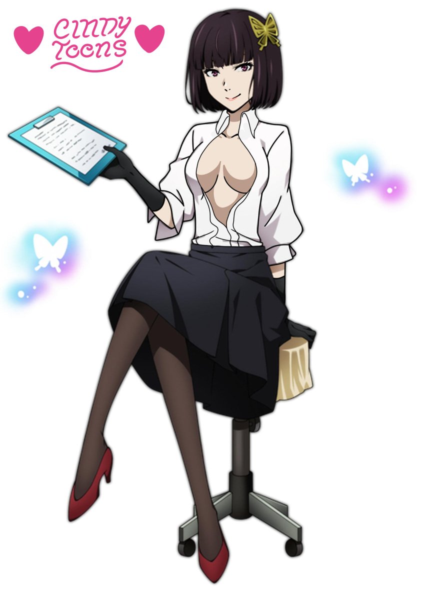 akiko_yosano breast breasts bungo_stray_dogs bungou_stray_dogs cindy_toons clothed doctor female full_body gloves heels neckline plunging_neckline purple_body purple_hair red_heels short_hair sitting stockings