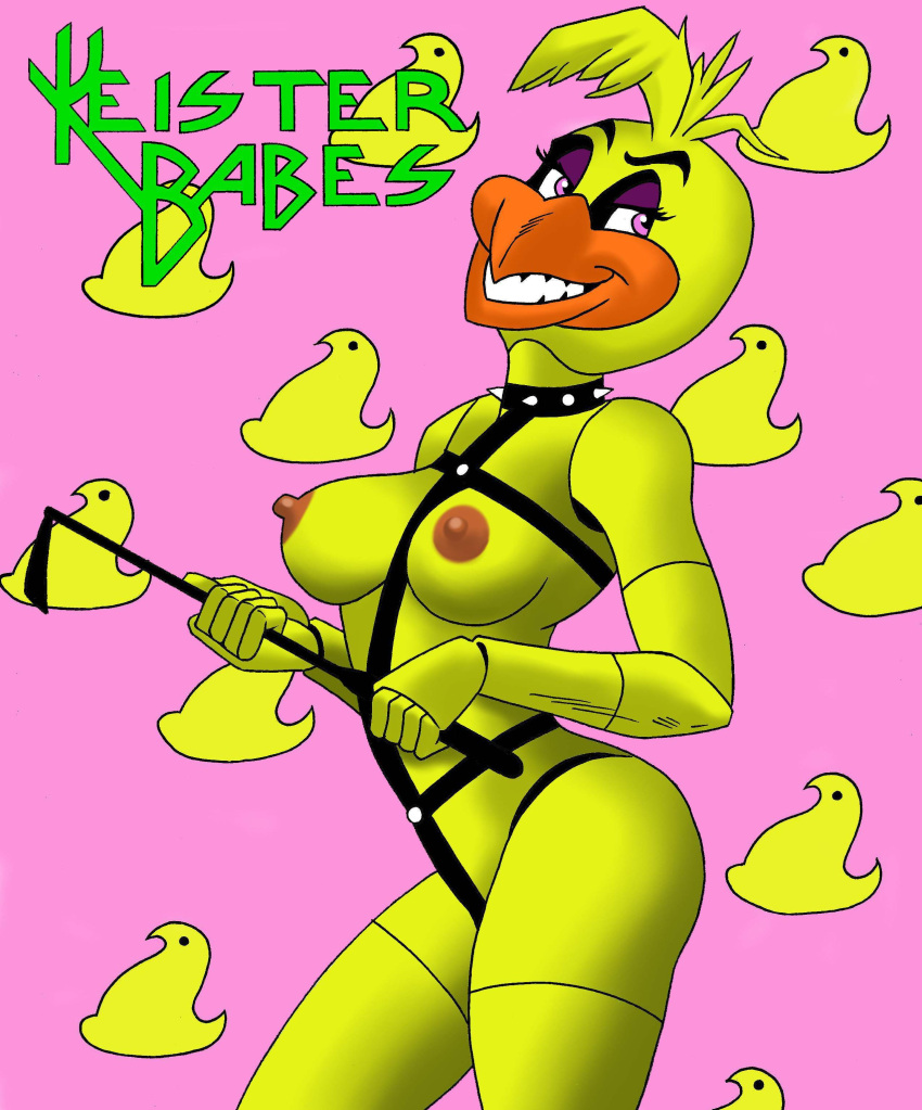 animatronic avian beak bondage_gear chica_(fnaf) erect_nipples eyelashes female five_nights_at_freddy's furry large_breasts nude peeps pink_eyes sharp_teeth solo spiked_collar switch toonytease yellow_feathers