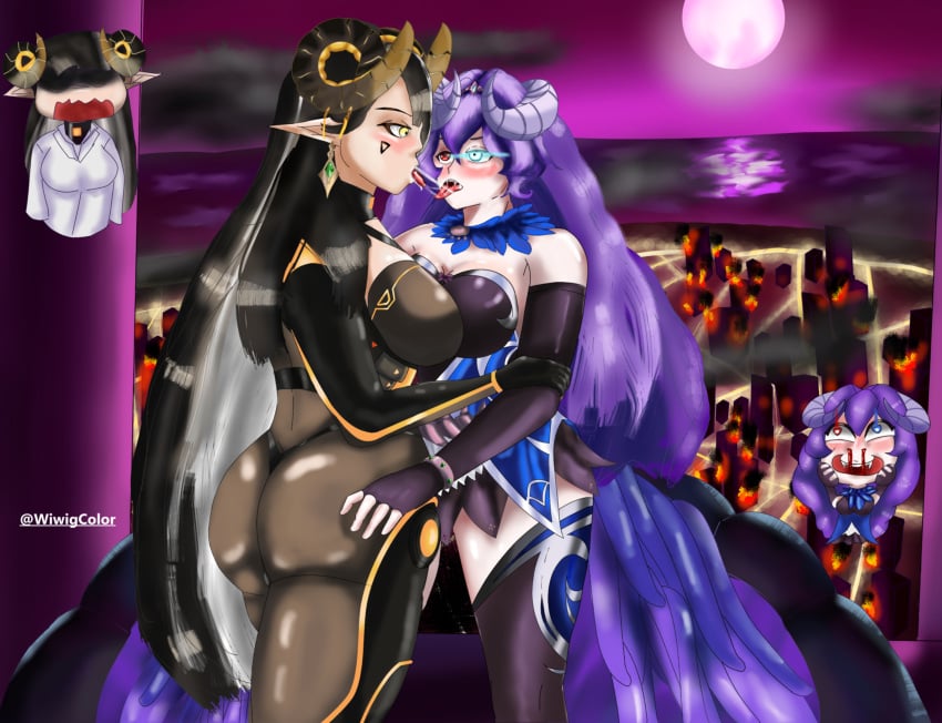 2girls andras_(guardian_tales) big_breasts black_hair clothed contractee_crosselle_(guardian_tales) crosselle_(guardian_tales) grabbing_ass guardian_tales horn kissing purple_hair slayer_andras_(guardian_tales) voluptuous wiwig_color_(artist) yuri