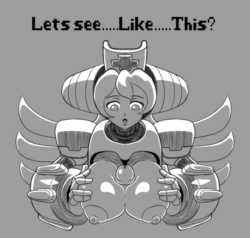 big_breasts breasts breasts_out cinnamon_gaudille mega_man mega_man_x mega_man_x_dive nipples paizuri raven07 reploid robot_girl text