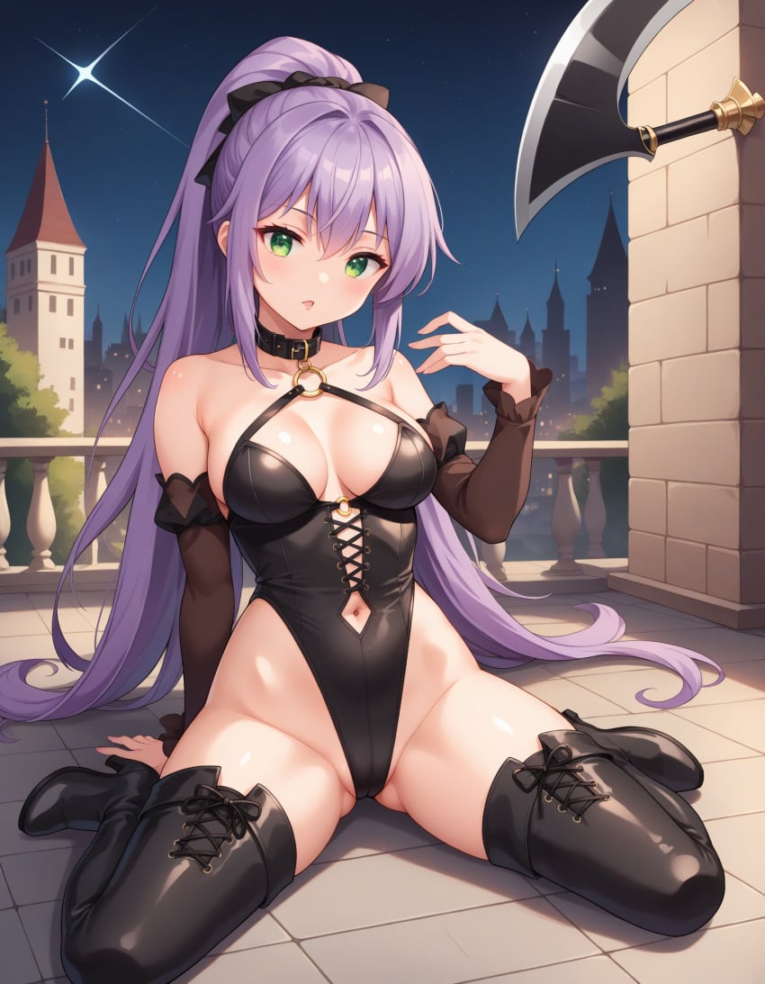 ai_generated arm_support axe bangs bare_shoulders battle_axe black_footwear black_gloves black_legwear black_leotard black_ribbon black_thighhighs blush boots breasts building castle choker cityscape cleavage clothing clothing_cutout collar covered_navel detached_sleeves elbow_gloves fate_(series) female footwear gloves green_eyes hair_between_eyes hair_ornament hair_ribbon hand_up high_heel_boots high_heels highleg highleg_leotard large_breasts legwear leotard long_hair long_sleeves looking_at_viewer medea_(fate) medium_breasts navel navel_cutout night night_sky o-ring outdoors parted_lips ponytail purple_hair ribbon shoes sidelocks sitting sky solo thigh_boots thighhighs thighs tied_hair very_long_hair wariza weapon