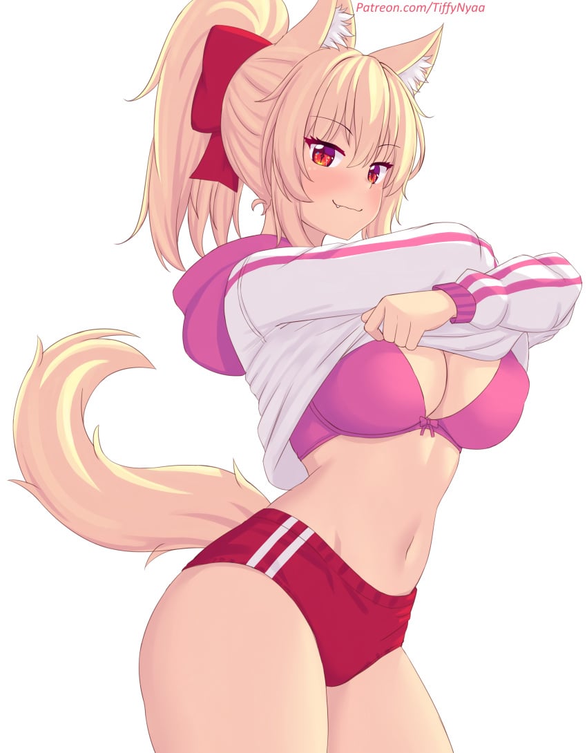 :3 blonde_female blonde_hair blonde_hair_female bloomers bra cat_ears cat_girl cat_tail catgirl exposed_bra female female_only girl girl_only hood hoodie hoodie_lift looking_at_viewer nekogirl nipples nipples_visible_through_bra nipples_visible_through_clothing only panties patreon patreon_username pink_bra ponytail red_bloomers red_eyes red_panties simple_background smile smiling smiling_at_viewer smug solo solo_female tiffy tiffynyaa twitter unclothing underboob white_fur