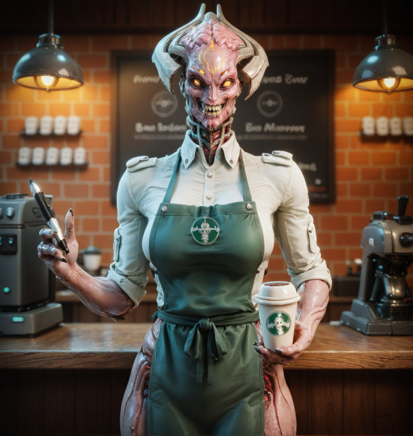 ai_generated alien big_breasts civitai coffee_cup doom glowing_eyes khan_maykr legs mature_female mommy naughty_smile no_pants older_female sexy ugly_female waitress waitress_uniform