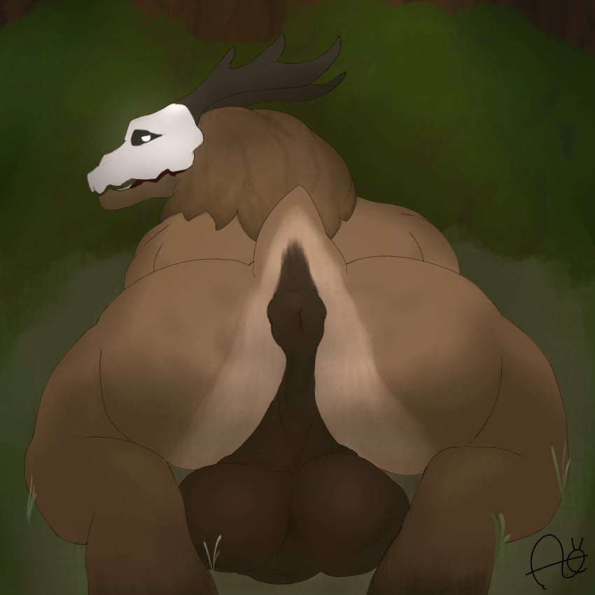 2025 absurd_res aimskull american_mythology animal_genitalia anthro antlers anus aroused ass balls bed big_balls big_butt black_antlers bone brown_body brown_fur butt_focus deer detailed_background digital_drawing_(artwork) digital_media_(artwork) fur furniture genitals hi_res hooves horn huge_balls huge_butt indigenous_north_american_mythology looking_back lying male mammal mature_male monster mythological_creature mythology north_american_mythology on_front on_grass on_ground outside plant puckered_anus puffy_anus pupils saggy_balls scut_tail short_tail shrub signature skull skull_head solo tail tree wendigo white_pupils