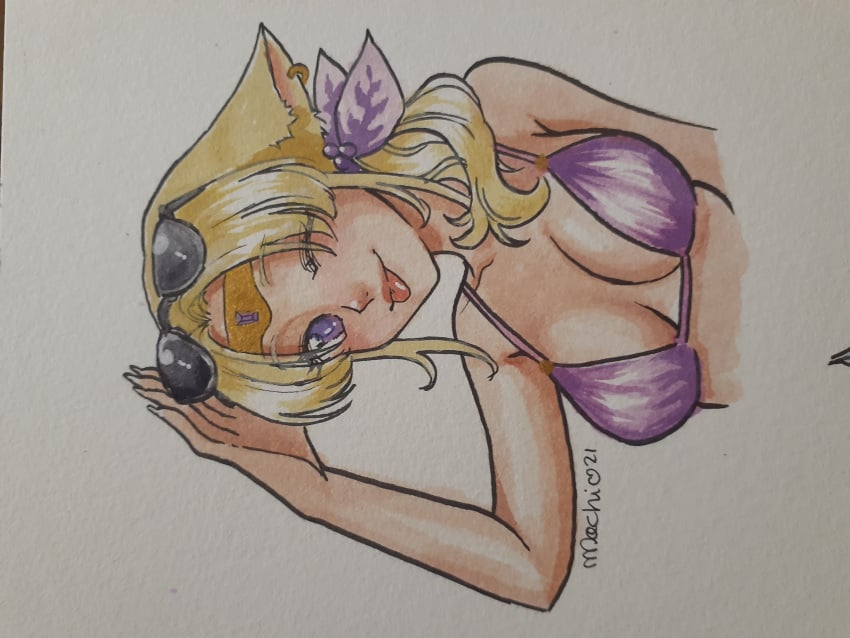 1girls 2d 2d_(artwork) animal_ears bikini blonde_hair cat_ears cat_tail catgirl clothed clothing dark_skin drawn female female_only final_fantasy final_fantasy_xiv headshot_portrait humanoid jewelry l'fah_morcant miqo'te mochironmochi mostly_nude original original_character purple_eyes solo sunglasses_on_head tongue traditional_media_(artwork) wide_hips