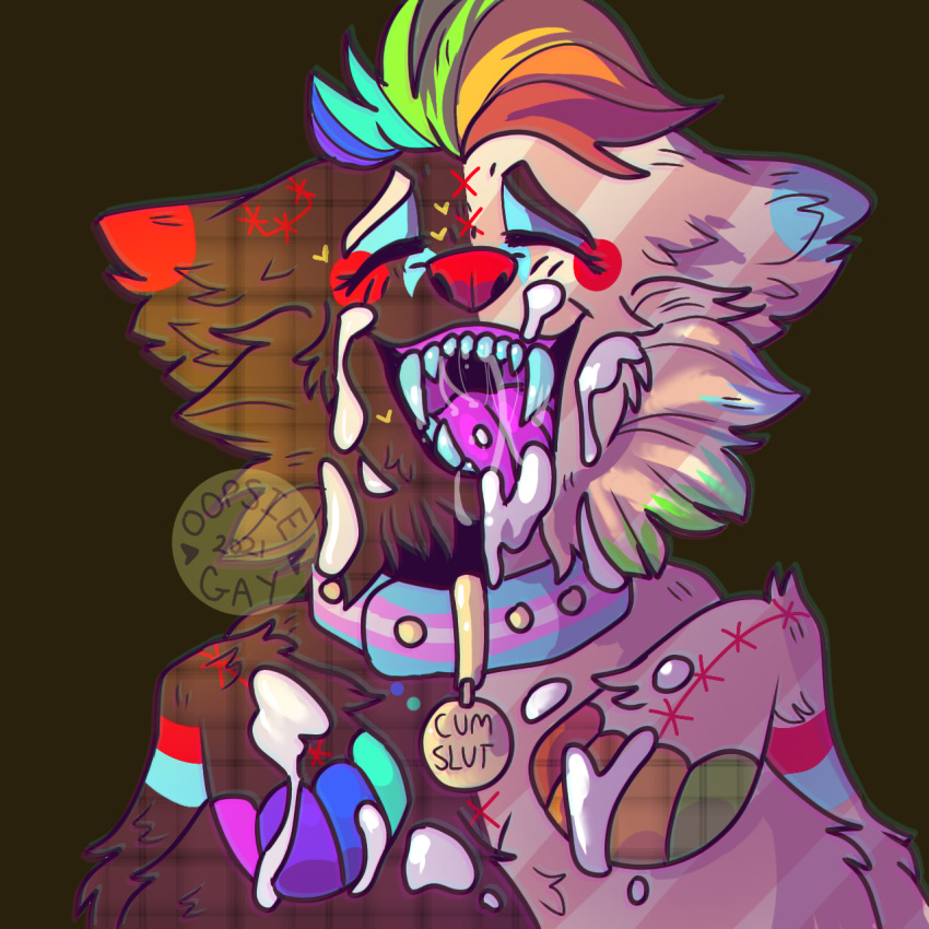 1:1 anthro big_breasts bodily_fluids breasts canid canine closed_eyes clown collar cum cum_in_mouth cum_inside cum_on_face drooling ejaculation female genital_fluids hi_res mammal multicolored_body oopsie-gay open_mouth paws plushie saliva sharp_teeth solo teeth