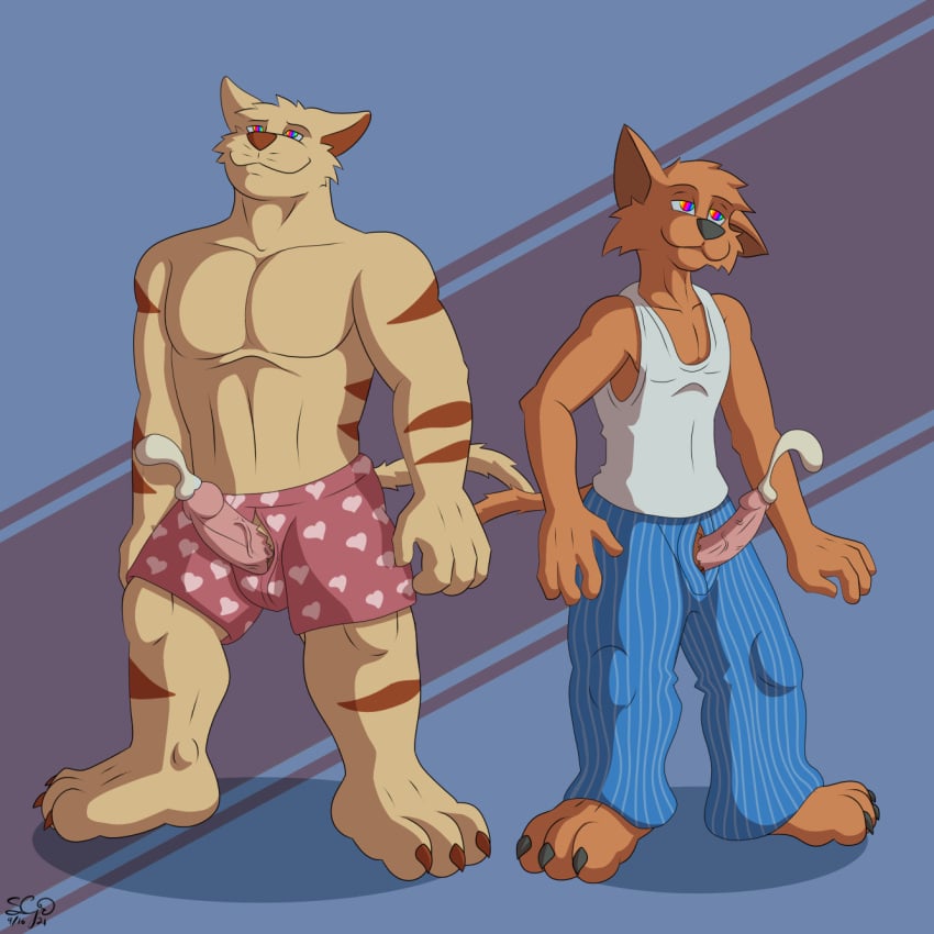 1:1 anthro bottomwear boxers_(clothing) brown_body brown_fur brown_stripes canid canine canis chance_furlong clothed clothing domestic_dog duo erection felid feline fur genitals hanna-barbera hi_res hypnosis hypnotic_eyes jake_clawson male male/male mammal mind_control muscular muscular_anthro muscular_male nenana-uso open_bottomwear open_clothing open_pants pajama_pants pajamas pants penis skinny skinny_male striped_body striped_fur stripes swat_kats underwear yellow_body yellow_fur