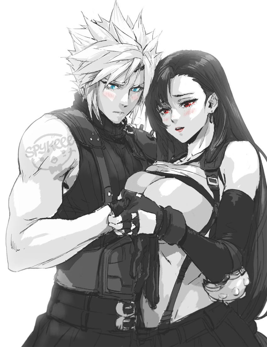 1boy 1girls black_hair blue_eyes blush breasts breasts_out clothes_lift cloud_strife earrings elbow_gloves female final_fantasy final_fantasy_vii final_fantasy_vii_remake fingerless_gloves gloves greyscale highres jewelry large_breasts long_hair male monochrome red_eyes shirt_lift short_hair skirt spiked_hair spykeee straight suspender_skirt suspenders tifa_lockhart undressing_another