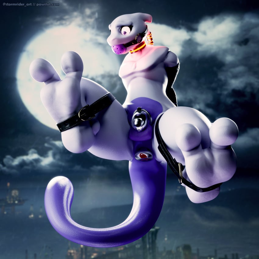 2_toes 3d_(artwork) absurd_res blender_(artwork) bondage bondage bound chastity_cage chastity_device claws digital_media_(artwork) feet generation_1_pokemon hi_res legendary_pokemon mewtwo nintendo paws pokemon pokemon_(species) stormrider toes