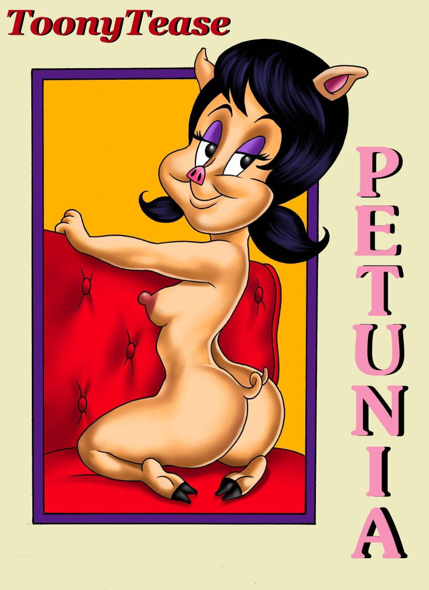 anthro ass black_hair erect_nipples eyelashes eyeshadow female furry hooves large_breasts looking_back petunia_pig pig pig_tail smile smooth_skin snout solo tail toonytease twintails warner_brothers