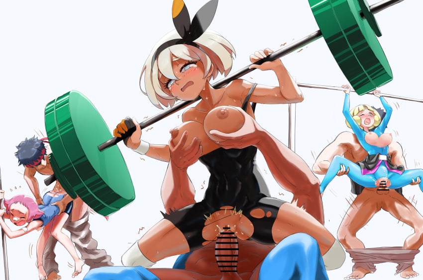 3boys 3girls absurdres arms_up bar_censor barbell bea_(pokemon) black_belt_(pokemon) black_bodysuit black_hairband blonde_hair blue_bodysuit blue_eyes bodysuit bow_hairband candice_(pokemon) censored collarbone commentary covered_abs exercising eyelashes gloves grabbing_another's_breast greta_(pokemon) groping hairband hands_up highres holding knee_pads multiple_boys multiple_girls open_mouth penis pink_hair pokemon pokemon_dppt pokemon_emerald pokemon_rse pokemon_swsh sex short_hair single_glove squatting straight torn_bodysuit torn_clothes trembling u4_99384295 vaginal_penetration weightlifting wristband