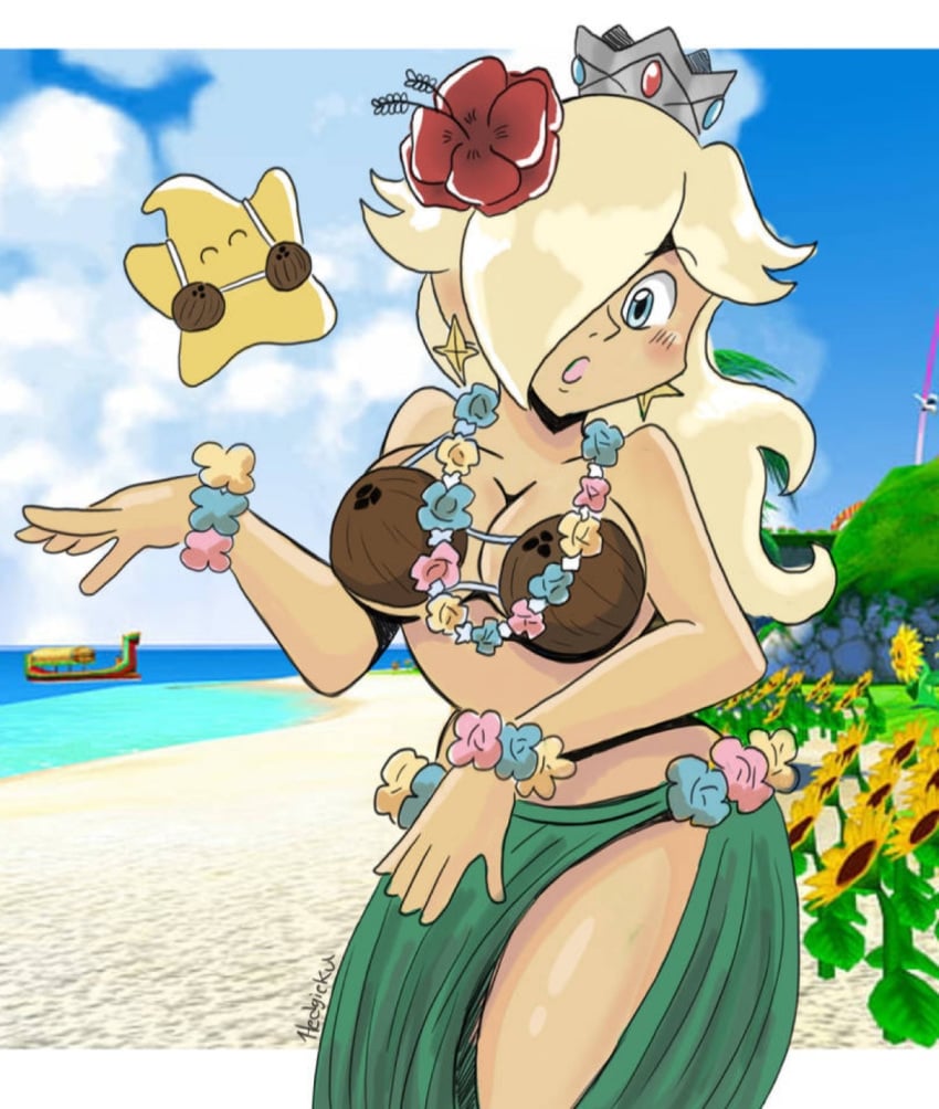 1girls beach big_breasts blonde_hair blue_eyes coconut_bra female_focus flower_in_hair hedgieku hula hula_dancer looking_at_viewer luma mario_(series) nintendo princess_rosalina super_mario_galaxy super_mario_sunshine tagme thighs