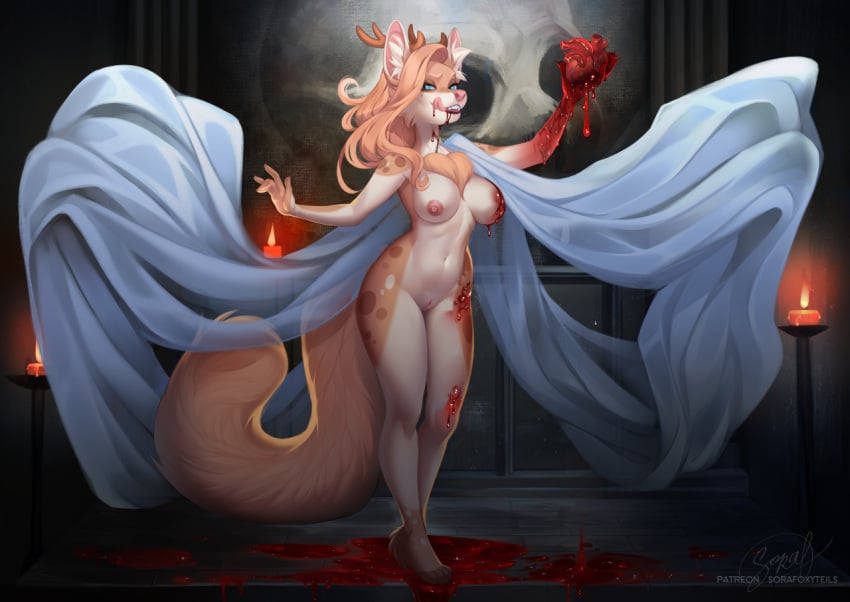 anthro areola blood bodily_fluids breasts canid canine digital_painting_(artwork) dripping_blood eyebrows eyelashes feet female fingers full-length_portrait furry genitals gore heart_(organ) horn hybrid mammal nipples nude organs portrait pussy smile solo sorafoxyteils toes