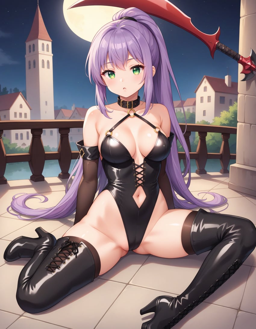 ai_generated bangs bare_shoulders black_choker black_footwear black_gloves black_legwear black_leotard black_thighhighs blush boots breasts castle choker cleavage clothing clothing_cutout collar covered_navel elbow_gloves fate_(series) female footwear full_moon gloves green_eyes high_heel_boots high_heels highleg highleg_leotard large_breasts legwear leotard long_hair looking_at_viewer medea_(fate) medium_breasts moon navel navel_cutout night night_sky o-ring outdoors parted_lips ponytail purple_hair scythe shoes sidelocks sitting sky solo thigh_boots thighhighs thighs tied_hair very_long_hair weapon