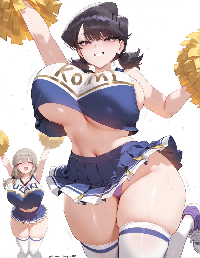 2girls ai_generated black_hair breasts cheerleader cheerleader_uniform female hi_res hips huge_breasts komi-san_wa_komyushou_desu komi_shuuko light-skinned_female light_skin long_hair lucyla mature_female milf mother short_hair thick_thighs thighs uzaki-chan_wa_asobitai! uzaki_tsuki white_hair wide_hips