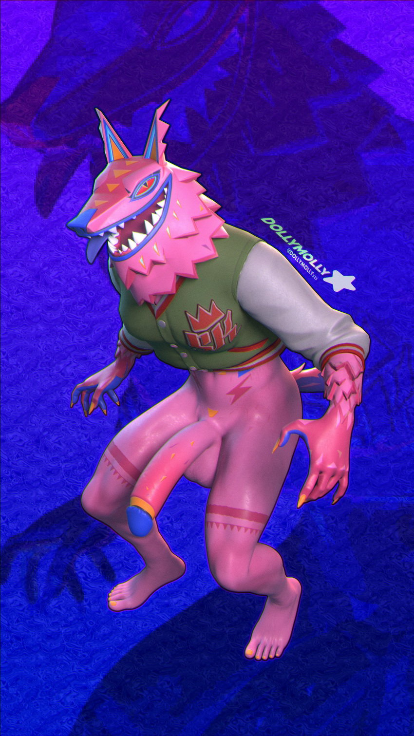 2024 absurd_res alebrije andy_fangerson anthro artist_name balls big_penis blowup_background bottomless canid canine canis clothed clothing dollymolly323 epic_games feet fortnite fur genitals hi_res humanoid_feet jacket letterman_jacket long_penis looking_at_viewer male mammal open_mouth penis pink_body pink_fur plantigrade signature simple_background solo teeth tongue tongue_out topwear topwear_only twitter_handle wolf