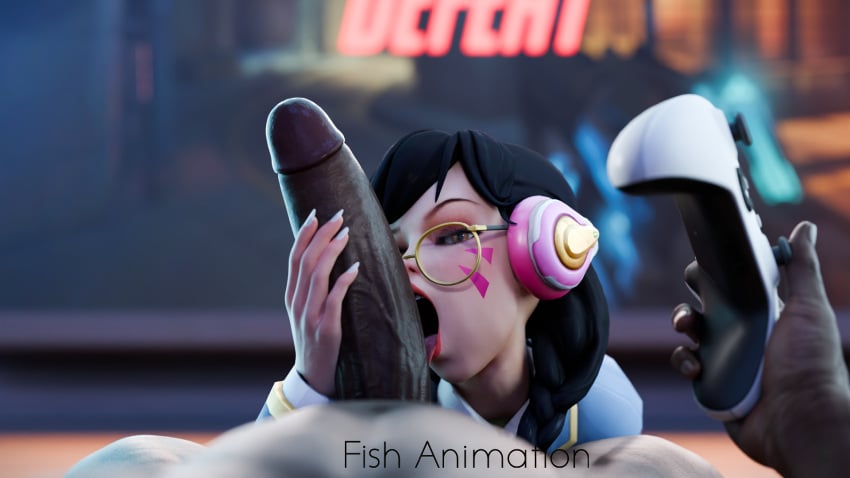 1girls 3d academy_d.va alexavlewd big_penis black_body blowjob blowjob_face d.va dark-skinned_male dark_skin female fish_animation interracial light-skinned_female light_skin male male/female overwatch overwatch_2