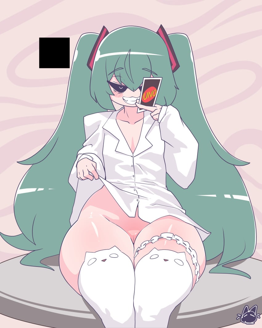 bottomless brat flashing grin holding_card huge_thighs logo mesugaki_miku mimukauwa_nice_try_(vocaloid) no_panties pussy small_breasts smug tease teeth thick_thighs uno_card vocaloid wide_hips