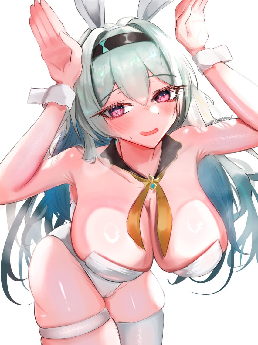 absurdres animal_ears bracelet breasts firefly_(honkai:_star_rail) hair_between_eyes hair_ornament hair_ribbon hairband highres honkai:_star_rail honkai_(series) jewelry large_breasts leotard neckerchief orange_neckerchief playboy_bunny rabbit_ears ribbon rilif666 thigh_strap thighs