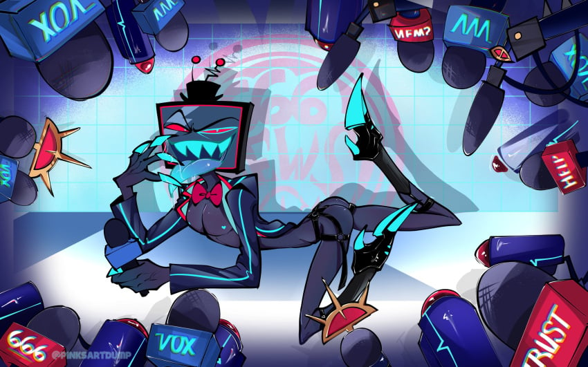 1boy barely_clothed blue_body blue_eyes blue_teeth blue_tongue bowtie claws demon demon_boy for_a_head hat hazbin_hotel headgear male microphone object_head pinksartdump public public_exposure public_indecency red_sclera saliva saliva_on_finger sharp_claws shoes sock_garters socks_and_shoes solo_male tongue_out top_hat tv tv_head vox_(hazbin_hotel)